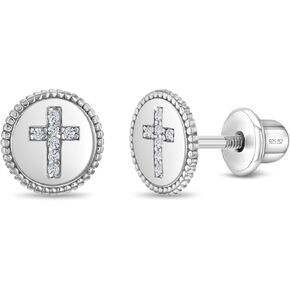925 Sterling Silver Religious Cross Safety Screw Back Earrings For Young Girls and Preteens - Beautiful Cubic Zirconia Cross Earrings For A Child