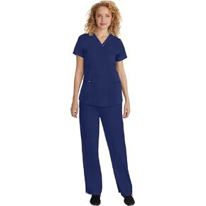 فرك الأيدي الشفاء مجموعة للنساء مع 5 جيوب ، فارس الخامس أعلى 2278 ، و Taylor Pants 9095 مع تقنية امتداد ثنائية الاتجاه ، البحرية-M TOP/M PANT