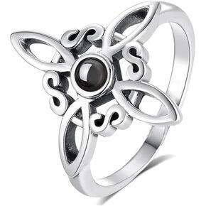 Witches Knot Rings for Women Silver Plated Celtic Trinity Knot Ring Black Obsidian Pagan Magical Cross Jewelry
