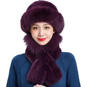 Women Winter Faux Rabbit Fur Trimmed Cloche Hat with Scarf Set Furry Warm Beanie Collar Scarf Set for Ladies