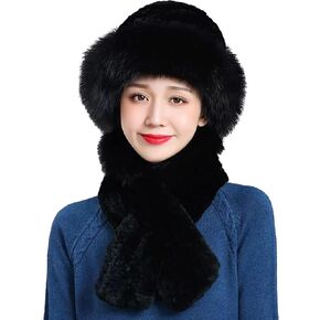 Women Winter Faux Rabbit Fur Trimmed Cloche Hat with Scarf Set Furry Warm Beanie Collar Scarf Set for Ladies in Kuwait