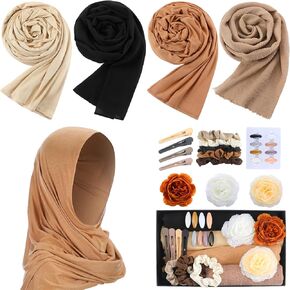 25 PCS Jersey Hijab مجموعة للنساء الهدية الإسلامية 4 وشاح رأس المسلمين 3 حجاب بوكيه 8 دبوس رأس الدب