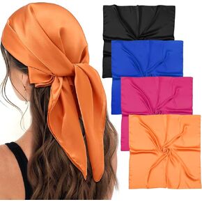 4Pcs 27.5 Inch Satin Square Head Scarf Silk Scarf Fashion Lightweight Neck Scarf Bandanas Sleeping Head Wraps For Women (Black+Blue+Rose Red+Orange)