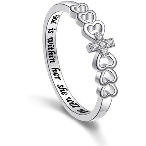 Alphm S925 Sterling Silver Christian Cross Cross Heart Inspirational Faith Bible Ring Ring for Women Teen Jewelry
