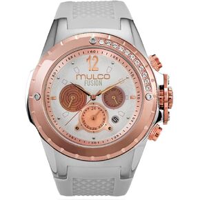 MULCO Watches for Women-Blue Marine, Silver Stainless Steel Case with Silicone Wrist Band, Quartz Multifunction Movement,Large Analog Display, Crystal Stones & Rose Gold Accents, 100m Waterproof