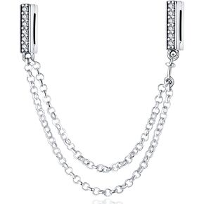 KUNSIR 925 Sterling Silver Clip-On Charm for Reflexions Mesh Bracelet Charm Bead fits Flat charm Bracelets Gift for Women（Double safety chain）