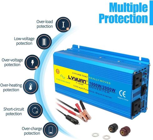 LVYUAN 1500 Watt Inverter Pure Sine Wave Inverter 12V to 110V DC to AC with LCD Display, 3 U.S. Outlet, USB Charger Ports, Car Power Inverter for Vehicles, RV, Outdoor, Home in Saudi Arabia