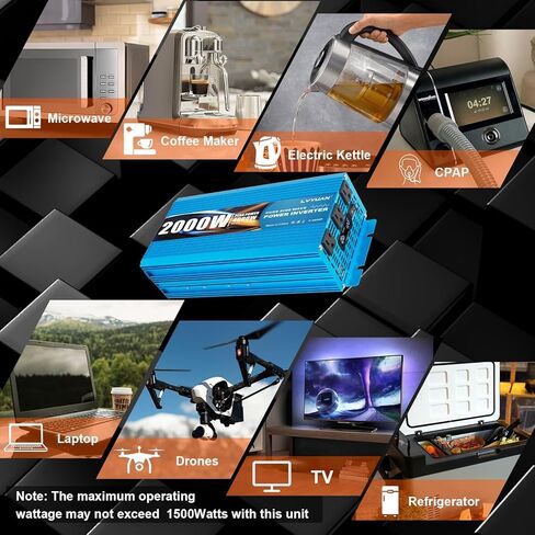 LVYUAN 1500 واط العاكس موجة جيبية نقية 12 فولت إلى 110 فولت تيار مستمر إلى تيار متردد مع شاشة LCD، 3 منافذ الولايات المتحدة، منافذ شاحن USB، عاكس طاقة السيارة للمركبات، RV، في الهواء الطلق، المنزل in Kuwait