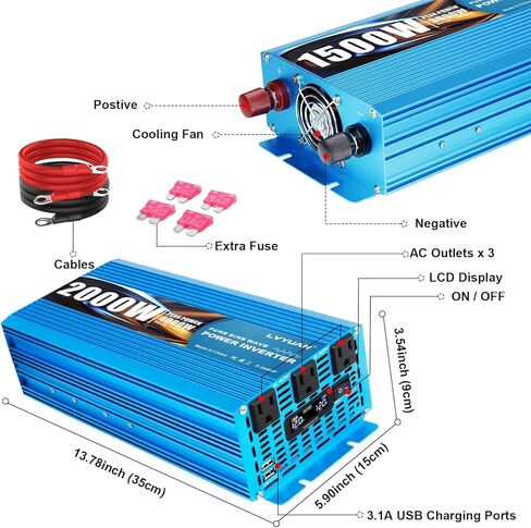 LVYUAN 1500 واط العاكس موجة جيبية نقية 12 فولت إلى 110 فولت تيار مستمر إلى تيار متردد مع شاشة LCD، 3 منافذ الولايات المتحدة، منافذ شاحن USB، عاكس طاقة السيارة للمركبات، RV، في الهواء الطلق، المنزل in Kuwait