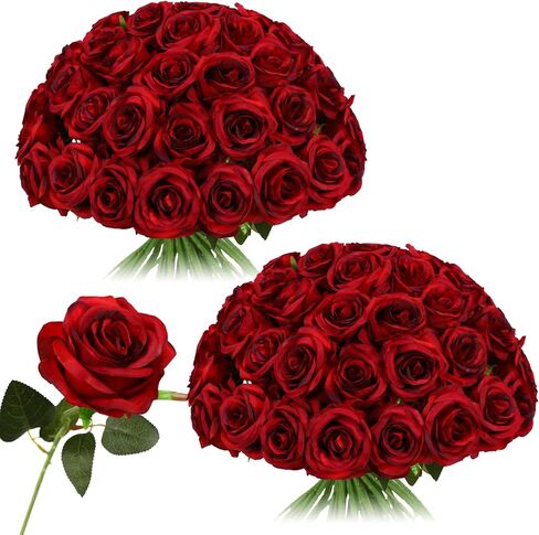 Nubry 50pcs الحرير الاصطناعي الورود الكبيرة ، الورود المزيفة زهرة مع السيقان زهور واقعية لزفاف محور الزفاف ديكور حفلة المنزل (بورغوندي) in Kuwait