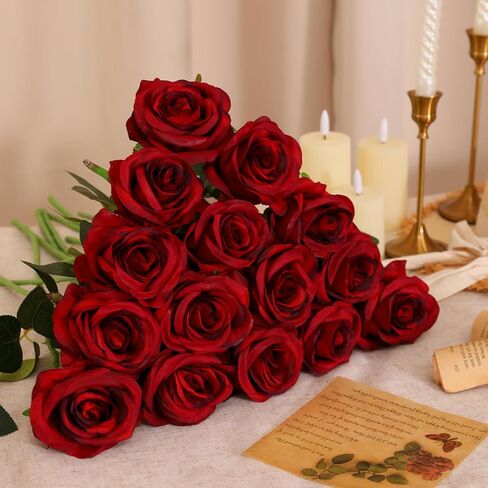 Nubry 50pcs الحرير الاصطناعي الورود الكبيرة ، الورود المزيفة زهرة مع السيقان زهور واقعية لزفاف محور الزفاف ديكور حفلة المنزل (بورغوندي) in Kuwait