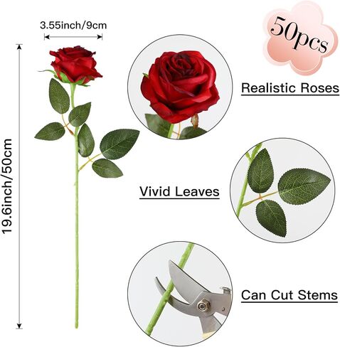 Nubry 50pcs الحرير الاصطناعي الورود الكبيرة ، الورود المزيفة زهرة مع السيقان زهور واقعية لزفاف محور الزفاف ديكور حفلة المنزل (بورغوندي) in Kuwait