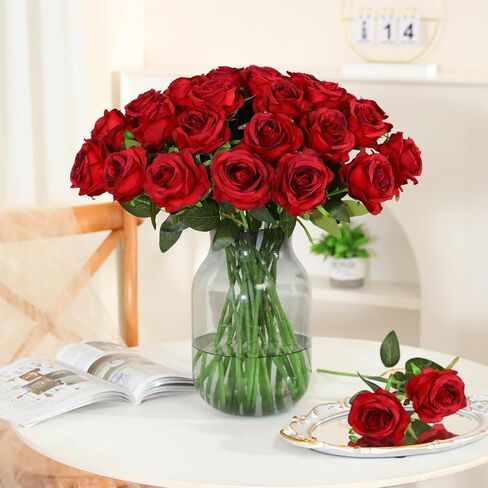 Nubry 50pcs الحرير الاصطناعي الورود الكبيرة ، الورود المزيفة زهرة مع السيقان زهور واقعية لزفاف محور الزفاف ديكور حفلة المنزل (بورغوندي) in Kuwait