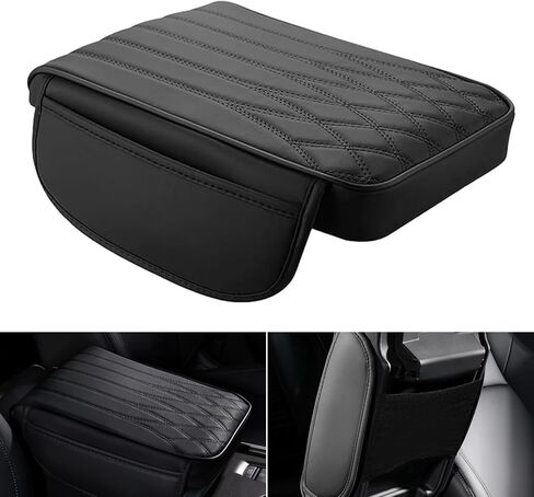 Armrest Cover, Memory Foam Relieve Stress Center Console Pad, Anti-Slip Breathable Leather Storage Box Cover with Storage Bag, Universal for Most Cars Interior Protection Accessories (Black) in Saudi Arabia
