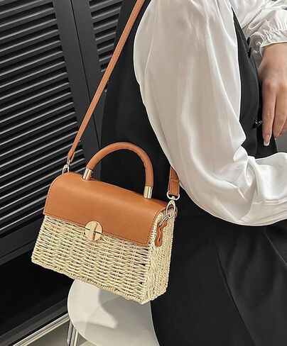 Women Handwoven Straw Purse Rattan Handbag Beach Woven Straw Tote Square Bag Boho Basket Crossbody Bag in Saudi Arabia