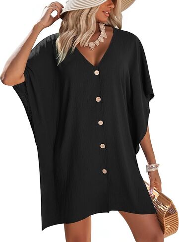 AI'MAGE Womens Swimsuit Cover Up Button Down Bathing Suit Coverups 3/4 Sleeve Beachwear Oversized Bikini Shirt Dresses S-XXL in Saudi Arabia
