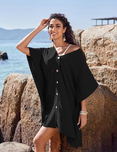 AI'MAGE Womens Swimsuit Cover Up Button Down Bathing Suit Coverups 3/4 Sleeve Beachwear Oversized Bikini Shirt Dresses S-XXL in Saudi Arabia