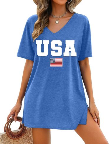 Pechar 4th من يوليو قمصان نساء أمريكان فستان العلم الأمريكي الوطني Tees v Neck Beach Swimsuit Coverup in Saudi Arabia
