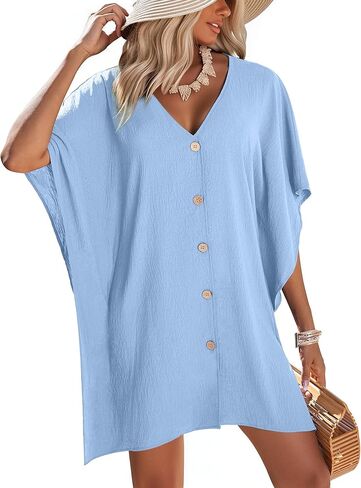 AI'MAGE Womens Swimsuit Cover Up Button Down Bathing Suit Coverups 3/4 Sleeve Beachwear Oversized Bikini Shirt Dresses S-XXL in Saudi Arabia