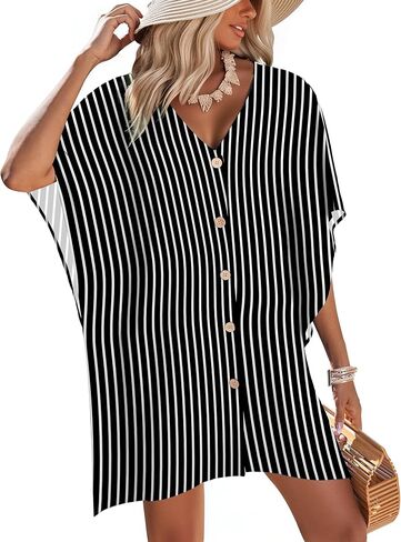 AI'MAGE Womens Swimsuit Cover Up Button Down Bathing Suit Coverups 3/4 Sleeve Beachwear Oversized Bikini Shirt Dresses S-XXL in Saudi Arabia