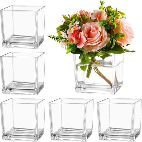 Square Clear Glass Vases Set of 6, 5" x 5" x 5" Flower Vases for Centerpieces, Square Vase for Centerpieces, Small Vase for Wedding, Party, Home Office Decoration in Saudi Arabia