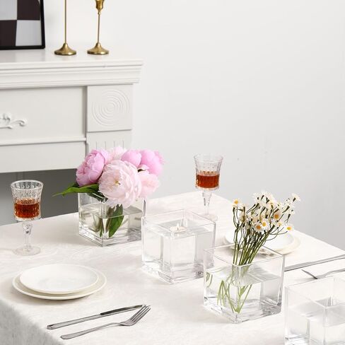 Square Clear Glass Vases Set of 6, 5" x 5" x 5" Flower Vases for Centerpieces, Square Vase for Centerpieces, Small Vase for Wedding, Party, Home Office Decoration in Saudi Arabia