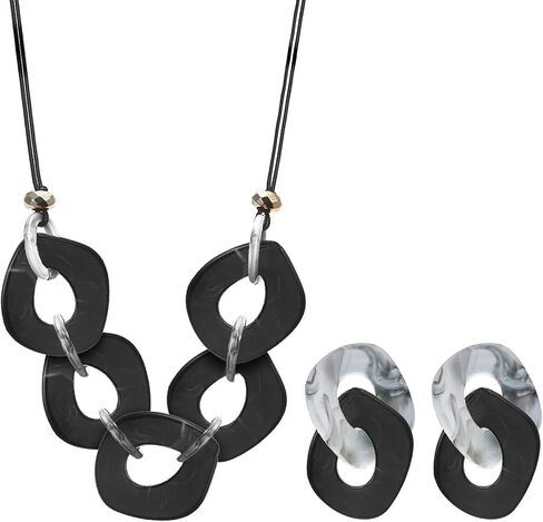 Marbling Contrast Colored Acrylic Disc Jewelry Set - Chunky Necklace and Dangle Earrings for Women Bohemian Style Jewelry in Saudi Arabia