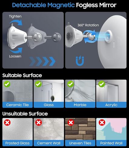 Gospire 3X Heated Shower Mirror Fogless for Shaving, 5000mAh Battery, 360° Swivel & Magnetic Design, 8.3" Anti-Fog Shower Shaving Mirror with 3 Color Dimming Lights, Includes 2PCS Adhesive Hooks in Saudi Arabia