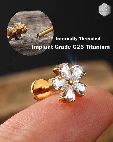 Jewseen G23 Titanium Flat Back Earrings 16g Internally Threaded Lip Stud Flower Helix Tragus Earrings Nose Stud Cartilage Piercing Jewelry for Women in Saudi Arabia