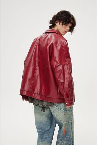 Aelfric Eden Faux Leather Jacket Oversized Vintage Motorcycle Jackets Moto Coats Unisex Streetwear Jacket Burgundy in Saudi Arabia
