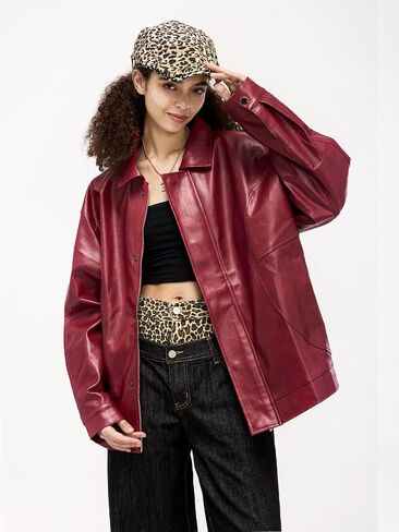 Aelfric Eden Faux Leather Jacket Oversized Vintage Motorcycle Jackets Moto Coats Unisex Streetwear Jacket Burgundy in Saudi Arabia