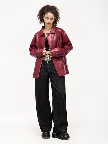 Aelfric Eden Faux Leather Jacket Oversized Vintage Motorcycle Jackets Moto Coats Unisex Streetwear Jacket Burgundy in Saudi Arabia