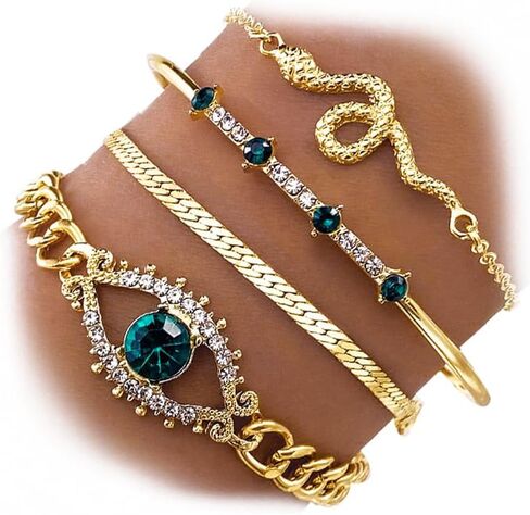 17IF 4 Pcs Gold Bangle Bracelet for Women, Dainty 14k Chunky Trendy Hand Cuff Jewelry Set Charm Stack Accessories Link Adjustable Wrist for Aesthetic Outfit in Kuwait