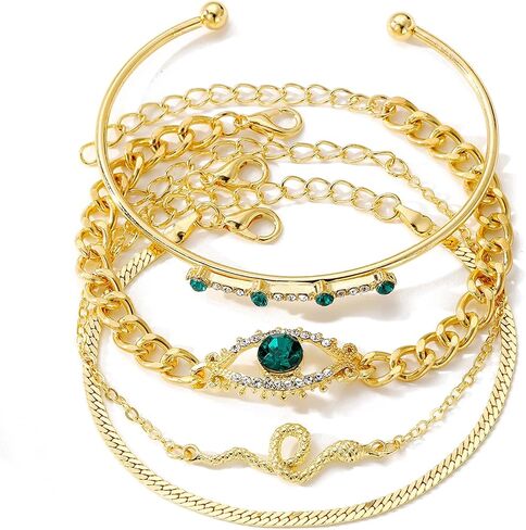 17IF 4 Pcs Gold Bangle Bracelet for Women, Dainty 14k Chunky Trendy Hand Cuff Jewelry Set Charm Stack Accessories Link Adjustable Wrist for Aesthetic Outfit in Kuwait
