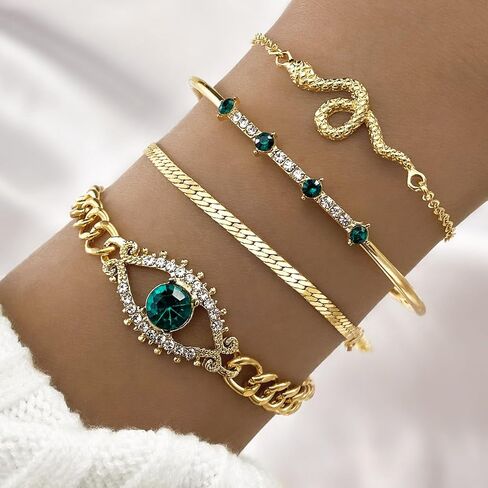 17IF 4 Pcs Gold Bangle Bracelet for Women, Dainty 14k Chunky Trendy Hand Cuff Jewelry Set Charm Stack Accessories Link Adjustable Wrist for Aesthetic Outfit in Kuwait