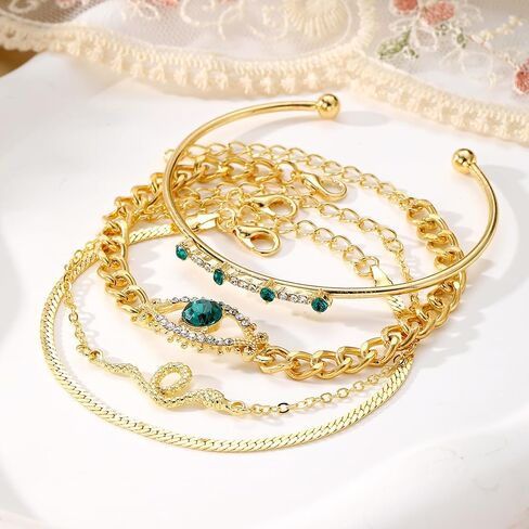 17IF 4 Pcs Gold Bangle Bracelet for Women, Dainty 14k Chunky Trendy Hand Cuff Jewelry Set Charm Stack Accessories Link Adjustable Wrist for Aesthetic Outfit in Kuwait