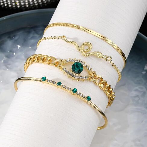 17IF 4 Pcs Gold Bangle Bracelet for Women, Dainty 14k Chunky Trendy Hand Cuff Jewelry Set Charm Stack Accessories Link Adjustable Wrist for Aesthetic Outfit in Kuwait