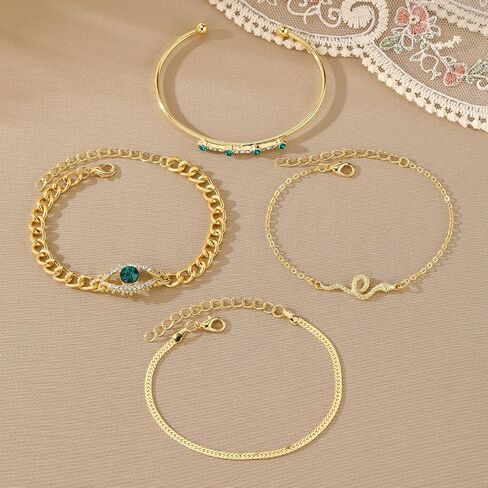 17IF 4 Pcs Gold Bangle Bracelet for Women, Dainty 14k Chunky Trendy Hand Cuff Jewelry Set Charm Stack Accessories Link Adjustable Wrist for Aesthetic Outfit in Kuwait