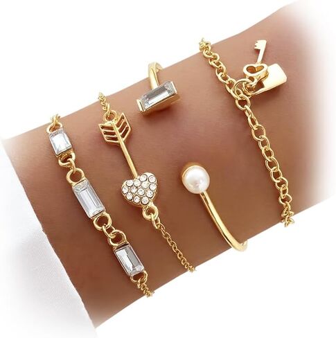 17IF 4 Pcs Gold Bangle Bracelet for Women, Dainty 14k Chunky Trendy Hand Cuff Jewelry Set Charm Stack Accessories Link Adjustable Wrist for Aesthetic Outfit in Kuwait