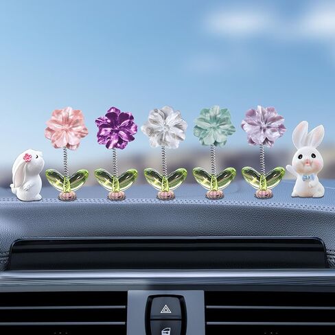 7pcs Cute Car Rearview Mirror Accessories, Funny Bunny Car Ornament, Shaking Spring Transparent Sunflower Car Dashboard Decoration, Rabbit Car Interior Decor Festival Car Present for Men Women in Saudi Arabia