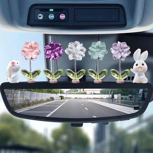 7pcs Cute Car Rearview Mirror Accessories, Funny Bunny Car Ornament, Shaking Spring Transparent Sunflower Car Dashboard Decoration, Rabbit Car Interior Decor Festival Car Present for Men Women in Saudi Arabia
