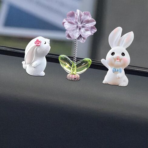 7pcs Cute Car Rearview Mirror Accessories, Funny Bunny Car Ornament, Shaking Spring Transparent Sunflower Car Dashboard Decoration, Rabbit Car Interior Decor Festival Car Present for Men Women in Saudi Arabia