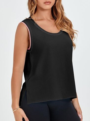 Fisoew Women's Workout Tank Tops Loose Fit Summer Sleeveless Yoga Gym Shirts with Side Slits in Saudi Arabia