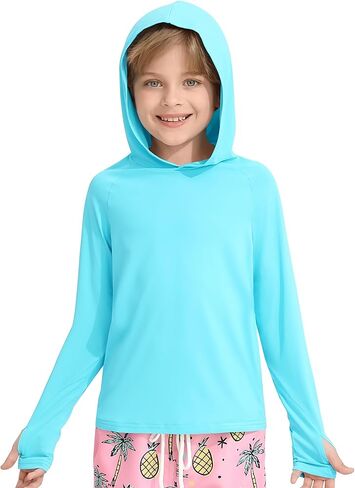 Hotfiary Boys Hooded Rash Guard Long Sleeve Swim Shirt UPF 50+ Sun Shirt Thumbhole Pocket Fishing Surfing Water Beach Hoodie in Saudi Arabia