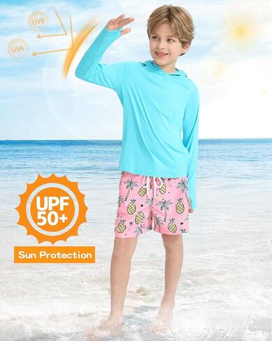Hotfiary Boys Hooded Rash Guard Long Sleeve Swim Shirt UPF 50+ Sun Shirt Thumbhole Pocket Fishing Surfing Water Beach Hoodie in Saudi Arabia