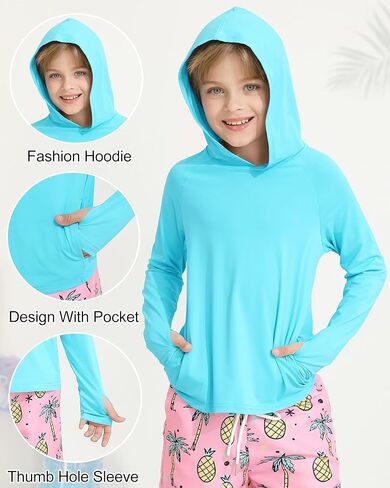 Hotfiary Boys Hooded Rash Guard Long Sleeve Swim Shirt UPF 50+ Sun Shirt Thumbhole Pocket Fishing Surfing Water Beach Hoodie in Saudi Arabia