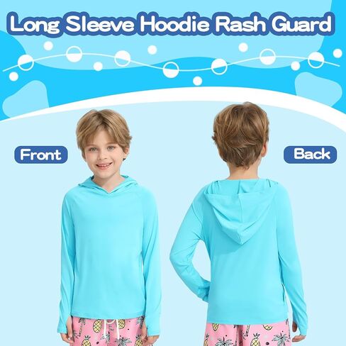 Hotfiary Boys Hooded Rash Guard Long Sleeve Swim Shirt UPF 50+ Sun Shirt Thumbhole Pocket Fishing Surfing Water Beach Hoodie in Saudi Arabia