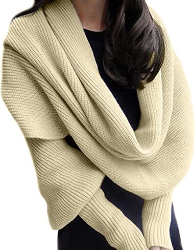 Knit Shawl Wrap for Women - Ladies Fringe Knitted Poncho Cardigan Cape - Winter Autumn Warm Scarf Shawl with Sleeves (Beige) in Saudi Arabia