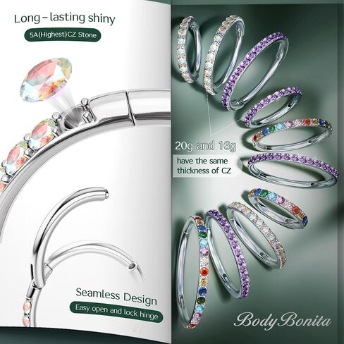 Bodybonita G23 Titanium أنف حلقات الأطواق - AB/قوس قزح/CLAL CZ الأنف الثقب 16/18/20G حلقات الحاجز الغضروفية حلزوني روك Tragus Lebe أقراط الجسم المجوهر in Kuwait