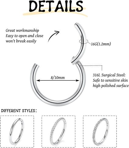 FUNLMO 3Pcs Nose Rings 316L Surgical Steel Septum Rings Tragus Helix Conch Rook Daith Piercing Jewelry Cartilage Earring Lip Rings for Women Men in Saudi Arabia